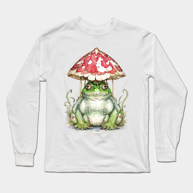 Watercolor Cottagecore Mushroom frog Long Sleeve T-Shirt by Fashioned by You, Created by Me A.zed